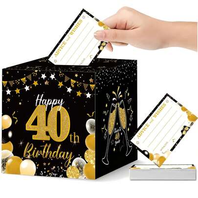 Bộ 51 món hộp bốc thăm may mắn sinh nhật 40 tuổi màu đen & vàng, hộp đựng thẻ thông điệp chủ đề bóng bay và ly champagne, phù hợp cho tiệc sinh nhật 40 tuổi người lớn, lễ kỷ niệm sinh nhật chủ đề đen & vàng sang trọng, bộ sưu tập lời chúc trưởng thành, tiệc sinh nhật đồng nghiệp công ty, hoạt động tương tác sinh nhật gia đình