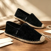 Summer Breathable Straw Woven Casual Shoes Solid Color Basic Fabric Woven Loafers For Outdoor Home Beach - Black - View 1