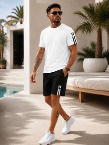 2pcs/Set Men's Unique Striped Print Summer Outfit, Including Round Neck Short Sleeve T-Shirt And Sports Shorts With Pockets And Drawstring - White - View 5