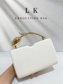 1 Peça Bolsa de Noite Feminina Retangular Minimalista de Couro PU Preto Fosco, Alça de Metal com Flor de Tulipa Dourada 3D, Clutch Rígida de Luxo Elegante Formal Transversal, Adequada para Casamento, Festa, Baile de Formatura, Jantar de Aniversário e Looks Noturnos - Multicolorido - Visão 11