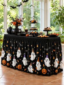 1pc Cute Ghost Pumpkin 183x75cm Table Skirt, Kawaii Halloween Party Style Polyester Rectangle Printed Tablecloth With Pleated Edge, Candy Star Table Cover Decor For Home Party Indoor Outdoor - Multicolor - View 2