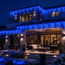 2pcs Solar Powered Blue Icicle String Lights, Outdoor Solar Powered Curtain Fairy Lights, 8 Flashing Modes, Auto On/Off, Blue LED Hanging Lights, Suitable For Garden, Yard, Fence, Eaves, Porch, Holiday Party Decoration - Blue - View 4