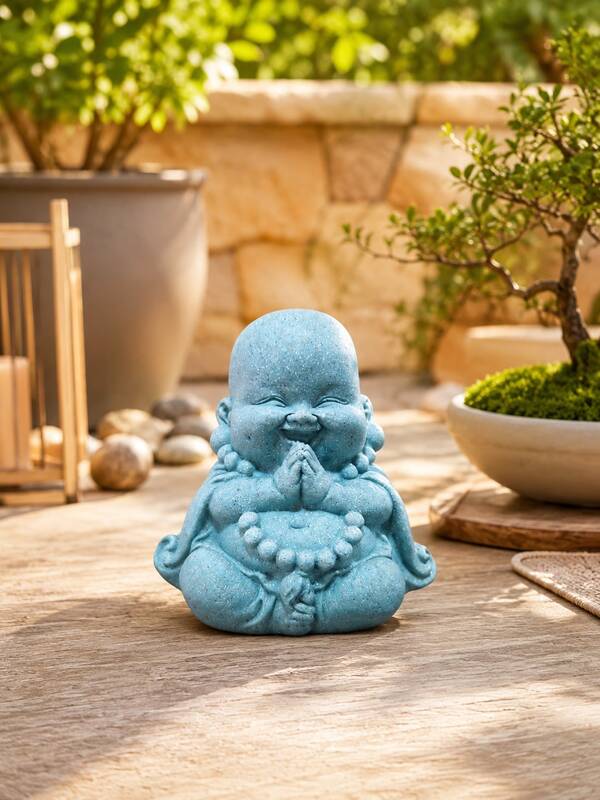 Blue Buddha Decorative Figurine, Cute Prayer Monk Statue, Small Zen Ornament, Summer Garden Patio Balcony Decor, Meditation Yoga Room Desk Decor, Bonsai Miniature Landscape Accent, Plant Lover Gift