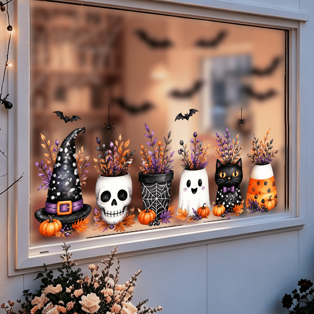 1/3 piezas Calcomanías de ventana lindas y espeluznantes de calabaza, bruja, frasco, fantasma y murciélago, calcomanías de vidrio de PVC de adsorción electrostática visibles por ambos lados, adecuadas para cocina, sala de estar, baño y decoraciones de fiesta de Halloween en el hogar.