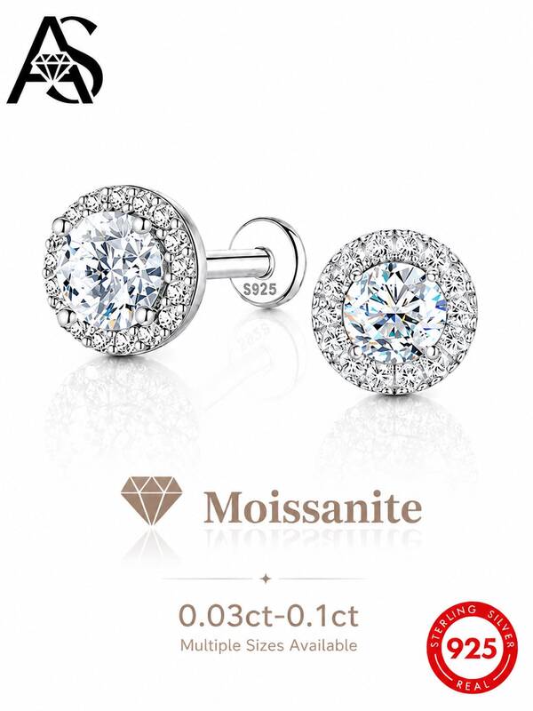 AnlaScheer 1 pieza Moissanita 0.06-1.2ct Plata de Ley 925 Engaste de Garra Redondo Base Plana Hélix Perforación de Oreja Joyería de Compromiso Boda Nupcial para Mujer
