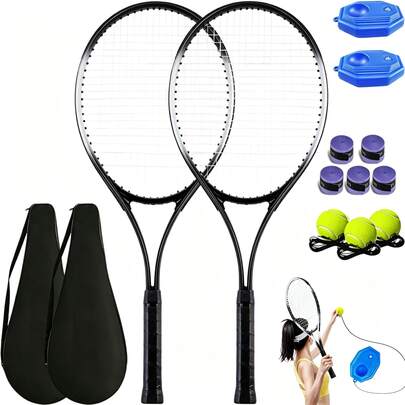 Par 27in Raqueta Aleación de aluminio Entrenador De Tenis De Práctica Equipo De Tenis Con 3 Pelotas,5 Overgrips,2bolsa Y 2 Base Para Adultos