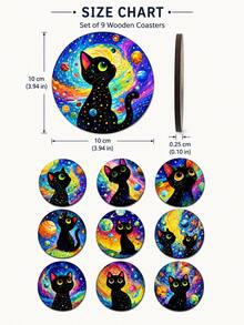10pcs Galaxy Black Cat Wooden Coasters, Colorful Space Style Round Printed Wood Drink Coaster Set With Star Planet Cat Pattern, Decorative Cup Mats For Coffee Table Bedroom Party Decor - F - View 5