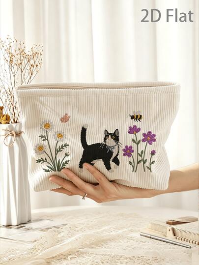 Bolsa de almacenamiento con patrón de gato, mariposa y flor (bordado falso 2D plano) / Bolsa de maquillaje de viaje con gran capacidad y cremallera, bolsa de maquillaje portátil para uso diario y de viaje, adecuada para hombres y mujeres, bolsa de almacenamiento de viaje, bolsa de maquillaje, bolsa de cosméticos, bolsa de almacenamiento para vacaciones, bolsa de maquillaje de gran capacidad que puede contener lápiz labial, brochas, productos para el cuidado de la piel, teléfono, monedas, artículos pequeños, multiusos para el hogar, regalo, vacaciones y días festivos, bolsa de aseo, bolsa de maquillaje para estudiantes, regalo del Día de la Madre