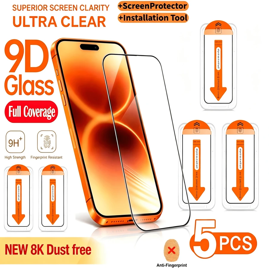 Yezodawee 5pcs HD Tempered Glass Screen Protector, Includes Installation Kit And Auto-Alignment Tool, Compatible With IPhone 17 Pro Max/17 Pro Series, Full Coverage, Anti-Fingerprint, Anti-Drop, Anti-Scratch, 9H Hardness Shatterproof Tempered Glass Film, Ultra-Fast Installation, Dust-Free Design, Privacy Tempered Glass, Bubble-Free And Dust-Free - Clear - View 1