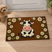 1pc Dark Brown Background White Daisy Surrounded Cartoon Cow Doormat, Farmhouse Childlike Pastoral Style Flannel Material Rectangular Rug, High-Definition Print Fine Edge Locking Anti-Slip Absorbent Foot Mat, Suitable For Entryway, Kitchen, Dining Room, Bathroom, Hallway, Balcony, Bedroom Home Decor - Multicolor - View 3