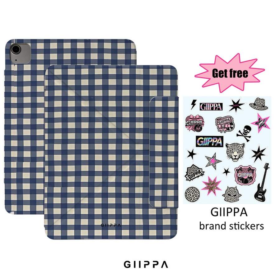 GIIPPA Blue White Gingham Check Plain Case, Magnetic Separation Y-Fold Shockproof Cover With Pencil Slot, Compatible With IPad Mini 6/7, Air 2/3/4/5/11/13, Pro 10.5/11/12.9 Ideal For Back To School,Office, Christmas,Halloween,Thanksgiving Holiday, Best Gift For Girlfriend & Perfect Wedding Season Present,Classic Minimal Plaid Neutral School Office Holiday Aesthetic - Multicolor - View 1
