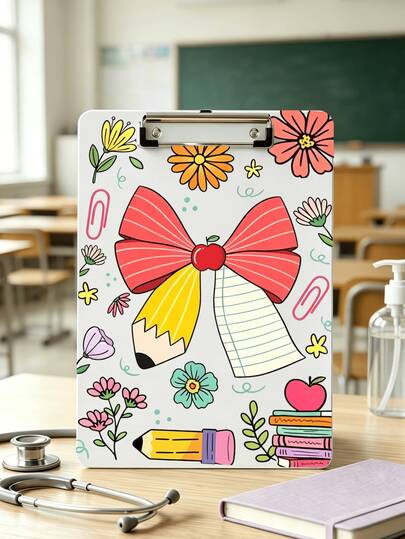 Personalized Teacher Gift, Bow Pattern Folder, Teacher's Clipboard, Teacher Graduation Gift, Back To School, School Supplies, Teacher's Day Gift, Back To School Gift, Perfect Gift For Teachers, Cute Hanging Clipboard, Office Supplies, Clipboard, Suitable For Back To School, Teacher's Day And End Of Semester As Teacher's Day Gift, Practical And Commemorative Stationery (Size: 31*22cm) (Note: The Clips On Both Sides Of The Metal Clip Are Black And White, Shipped Randomly)