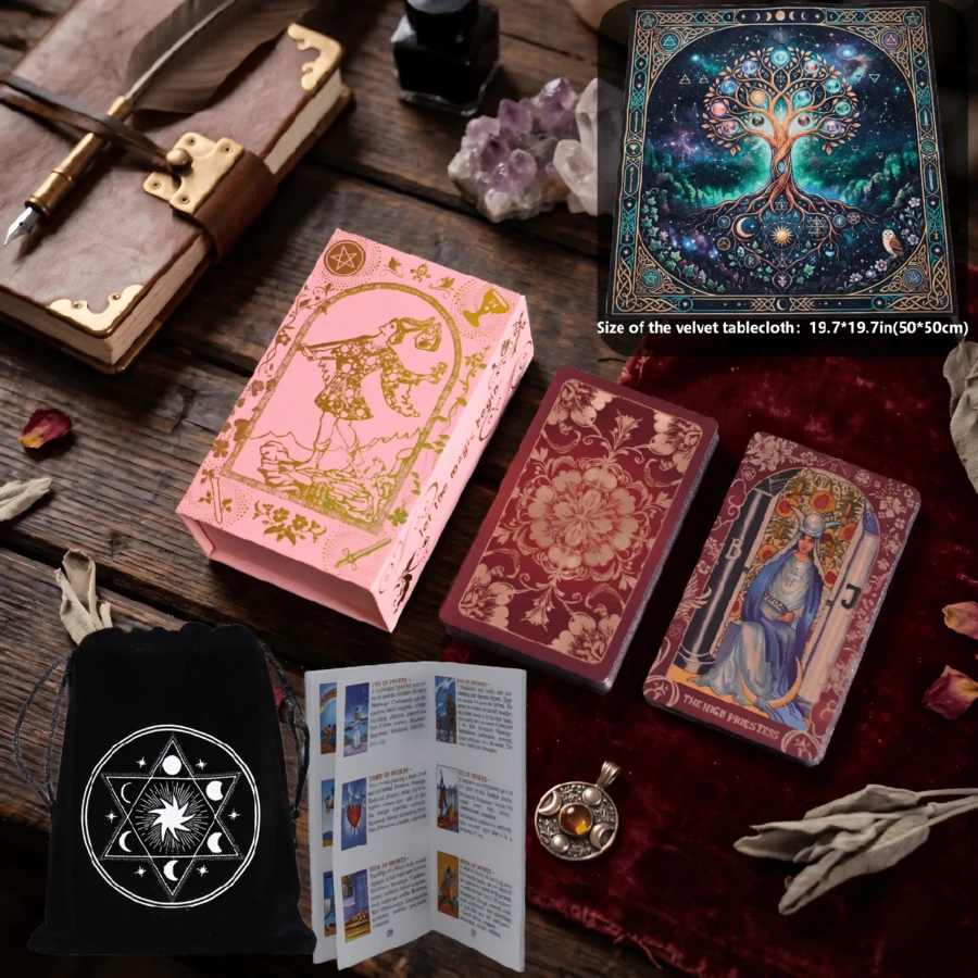 Classic Crimson Flower Chapter PET Tarot Card Gift Box Set - Complete 78 Black Gold Tarot Cards For Beginners, Tarot Card Deck With Meanings - Expert Tarot Cards, 4.7in*2.8in(12cm*7cm), Fate, Divination, Oracle Cards, Christmas, Halloween, Thanksgiving, Gift, Fortune Telling, Future, Prophecy Tarot Cards (Includes English Tarot Card Instruction Guide) - 彩色 - 查看 1
