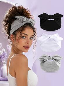 3/1pc Women's Bow Rabbit Ear Headband, Lightweight Spring/Summer Headband, Sports/Bohemian Style Extra Wide, Cute Rabbit Ear Knotted Headband, Mother's Day/Easter Rabbit Ear Hair Accessory, Elastic Bow Hair Accessory/Solid Elastic Bow Headband Suitable For Women, Suitable For Fitness/Yoga/Sports/Outdoor Activities - Multicolor - View 1