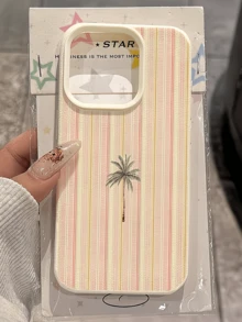 1pc White Fresh Striped Coconut Tree Personalized Minimalist Anti-Drop Soft TPU Fashion Phone Case Full Coverage Anti-Fouling Compatible With Apple 17 16 15 14 13 12 11 Pro Max Air Protective Shell - Multicolor - View 4