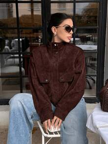 Jaket Varsity Wanita Bahan Suede dengan Kerah Tegak, Lengan Panjang, Resleting, dan Saku, Sempurna untuk Gaya Musim Gugur - Coffee Brown - View 8