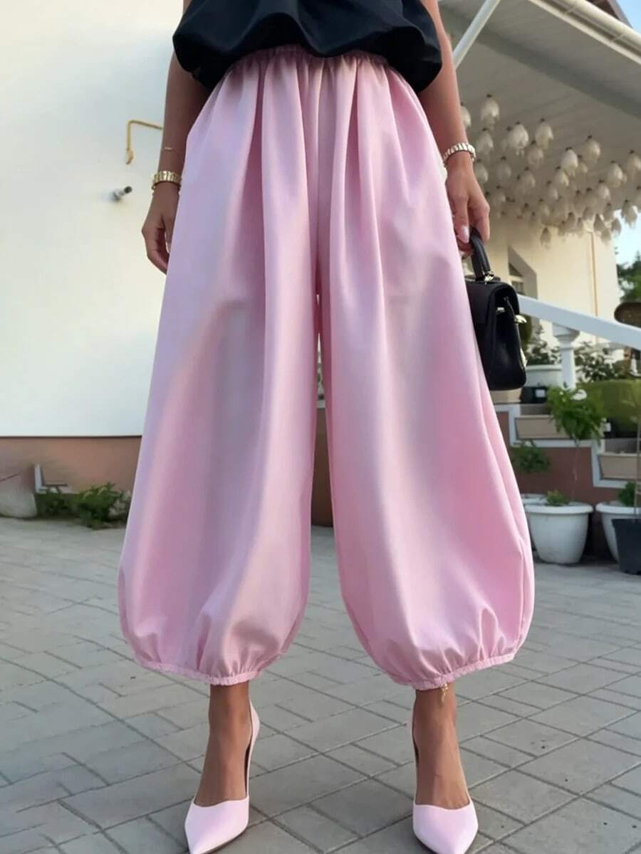 2026 Women's French Slouchy Elastic Waist Tapered Lantern Cropped Pants ...