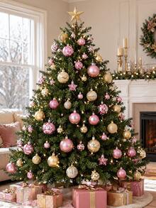 44p/Set Pink & Gold Glitter Christmas Ball With Texture,Assorted Baubles With Hooks,Pink & Gold Texture Designs For Xmas Tree Decor,New Year's Celebrations,Outdoor Decorations,Festive Atmosphere With These Christmas Ornaments - Rose Gold Christmas Ornament - View 4