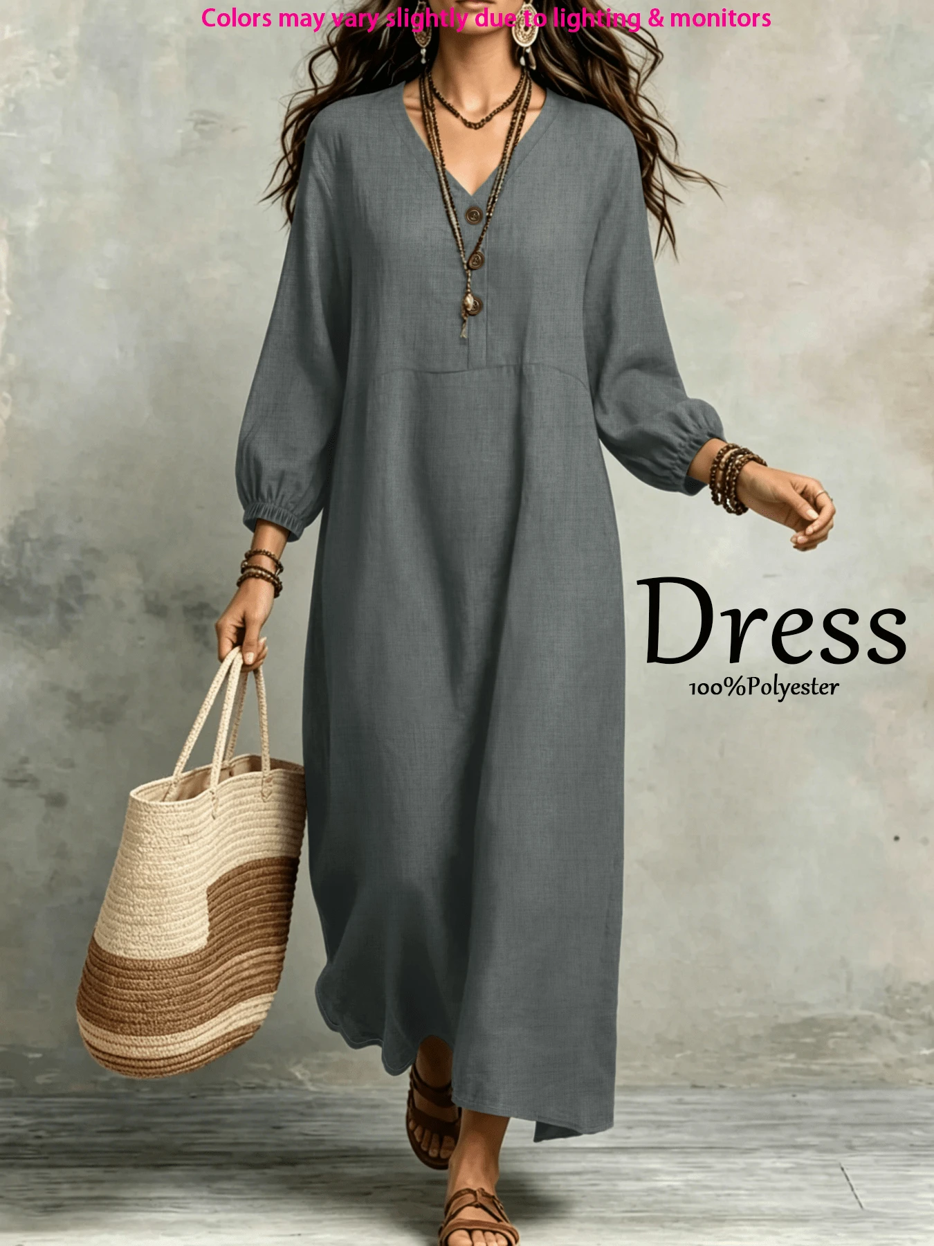 Robe élégante et décontractée en tissu tissé de couleur unie avec boutons pour femmes, pour les vacances, la plage, le quotidien et la maison - Gris pâle - Voir 1