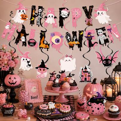 ピンク かわいいハロウィンガーランド スパイラル吊り下げ装飾 ゴースト コウモリ 黒猫 かぼちゃ 子供パーティー装飾