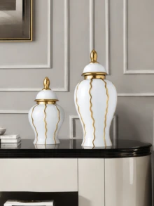 1PC White & Gold Wavy Striped Ceramic Vase Set, Modern Luxury Decorative Flower Vases For Living Room Table Home Decor - Watermelon Pattern General Jar - View 5