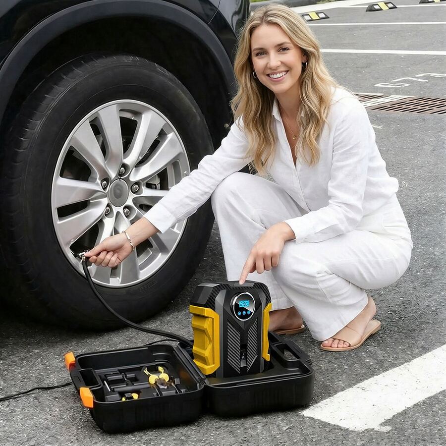 Carsun Portable Air Pump Tire Inflator, 9.8ft Power Cord - 12VDC Powered - Auto Shut-Off, Fast Inflation Electric Air Pump For Car Tires - Car Accessories, With Digital Pressure Gauge, LED Light, Yellow