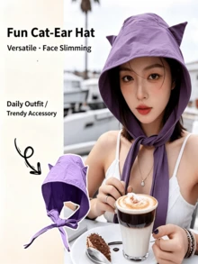 1pc Women's Summer Cute Cat Ear Sun Hat, UV Protection Quick-Dry Breathable Bucket Hat, Flattering Face Shape, Suitable For Shopping, Travel And Daily Wear - Cat Ear Sun Hat - View 4