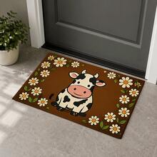 1pc Dark Brown Background White Daisy Surrounded Cartoon Cow Doormat, Farmhouse Childlike Pastoral Style Flannel Material Rectangular Rug, High-Definition Print Fine Edge Locking Anti-Slip Absorbent Foot Mat, Suitable For Entryway, Kitchen, Dining Room, Bathroom, Hallway, Balcony, Bedroom Home Decor - Multicolor - View 14