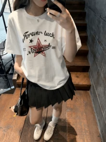 Y2K復古風女款夏季新款休閒做舊五角星與字母印花短袖T恤上衣 白色 - 白色 - 查看 3