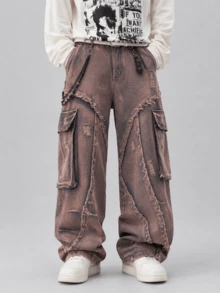 1pc Men's American Fashion Street Patchwork Multi-Pocket Cargo Jeans, Loose Comfortable Wide Leg Casual Pants, Versatile All-Season Denim Trousers - Red - View 1