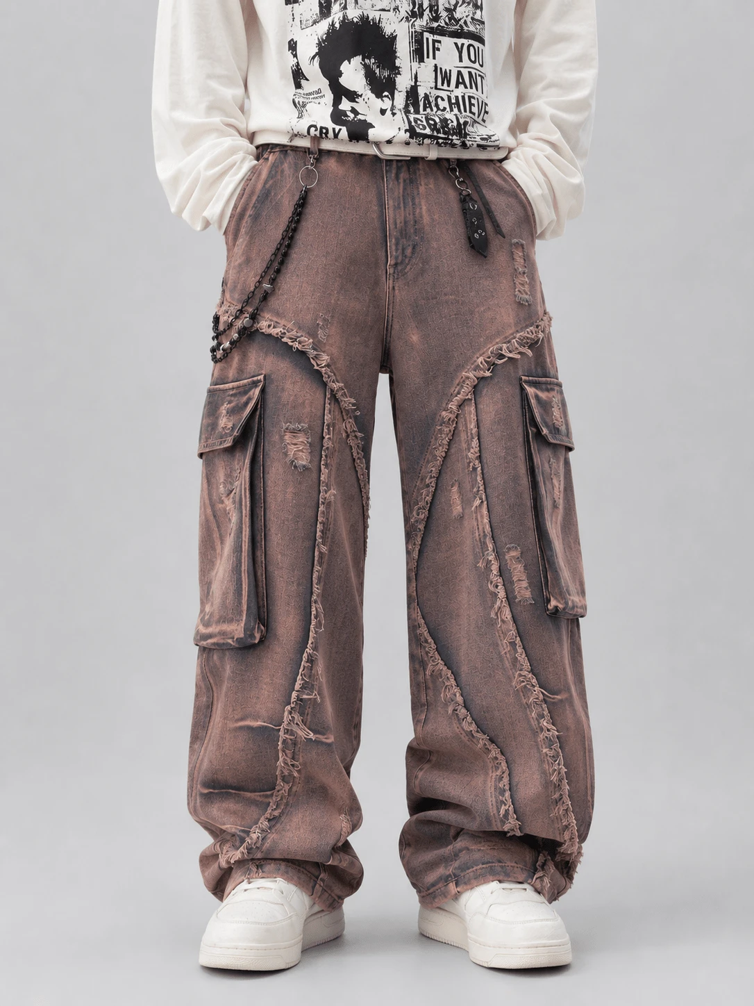 1pc Men's American Fashion Street Patchwork Multi-Pocket Cargo Jeans, Loose Comfortable Wide Leg Casual Pants, Versatile All-Season Denim Trousers - Red - View 1