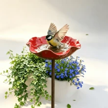 1件戶外鳥浴盆，紅色鳥食碗，適合花園，耐候性野鳥洗澡花園裝飾，適用於庭院或露台裝飾 - A - 查看 5