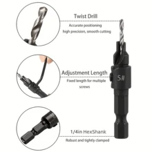 5件套沉头钻头套装，1/4英寸六角柄，适用于DIY木工，包含1个L型扳手，尺寸：#5、#6、#8、#10、#12 - 款式A - 查看 5