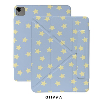 GIIPPA Light Blue & Yellow Star Print Y-Fold Magnetic Tablet Protective Case, PU Leather Outer Layer With Hard Acrylic Anti-Bend Backplate, No Pen Slot, Multi-Angle Stand, Auto Sleep/Wake, Shockproof Protective Cover With Soft Microfiber Lining, Cute Minimalist Lightweight Design, Suitable For School, Office And Daily Use, Compatible With IPad Mini 6/7, Air 2/3/4/5/11/13" (M2/M3 2024-2025), 5/6/7/8/9/10
