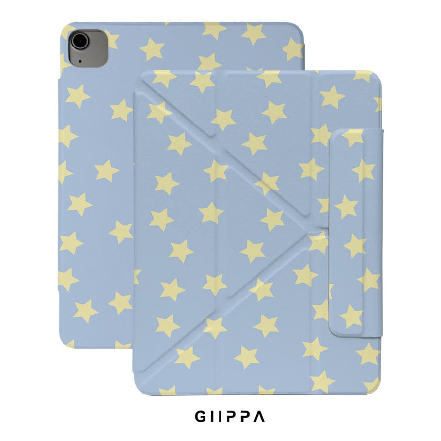 GIIPPA Light Blue & Yellow Star Print Y-Fold Magnetic Tablet Protective Case, PU Leather Outer Layer With Hard Acrylic Anti-Bend Backplate, No Pen Slot, Multi-Angle Stand, Auto Sleep/Wake, Shockproof Protective Cover With Soft Microfiber Lining, Cute Minimalist Lightweight Design, Suitable For School, Office And Daily Use, Compatible With IPad Mini 6/7, Air 2/3/4/5/11/13" (M2/M3 2024-2025), 5/6/7/8/9/10/11th Generation