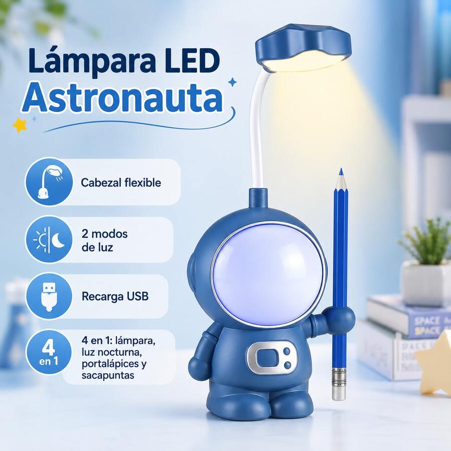 Multifunction LED Desk Lamp For Kids, Astronaut USB Night Light, With Pencil Sharpener, 2 Lighting Modes, Suitable For Study And Work - Blue - View 1