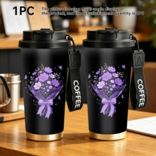 1/5pcs 500ml Purple Bouquet Bowknot Insulated Coffee Cup, Stainless Steel Material, Leak-Proof Flip Lid, Non-Slip Gold Base, Elegant Floral Design, Keeps Hot And Cold, Fashion Travel Cup, Thoughtful Gift For Women, Teachers And Floral Lovers - Black-purple Bouquet - View 6