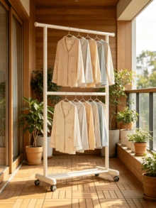 1 pieza Perchero móvil con ruedas universales, disponible en estilos de una capa y dos capas, una unidad de almacenamiento, secado y estantería para ropa utilizada en balcones del hogar. - Blanco - Ver 2
