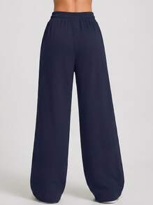 Never me Women's Loose Casual Sports Long Pants With Side Pockets And Drawstring Waist, Straight Leg Daily Fitness Pants - Navy Blue - View 2