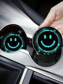 Glow In Dark Smiling Face Car Cup Holder Coaster, Non-Slip Silicone Anti-Dirt Water Isolation Drink Mat, Universal Fit Vehicle Cup Slot Washable Auto Interior Decor Cup Pad - A - View 3