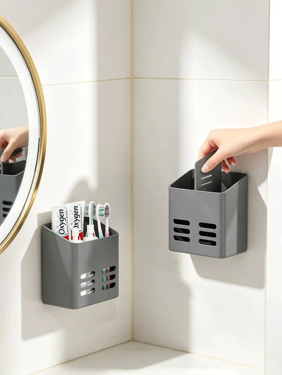 1pc Bathroom Toothbrush & Toothpaste Holder, Wall-Mounted Storage Box, Sink Razor Holder, Multi-Function Bathroom Storage Basket, Bathroom Accessories, Kitchen Accessories, Room Decor, Home Decor, Bathroom Decor, Bathroom Organizer - Multicolor - View 1