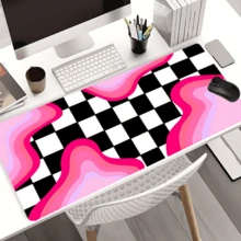 1 Extra-Large Gaming Desk Mat & Mouse/Keyboard Pad – Modern Geometric Abstract Style (Basic Model); Black-And-White Checkered Pattern With Pink Wave Design – Suitable For PC And Home Office Setups; Smooth Surface - Mouse Pad - View 8