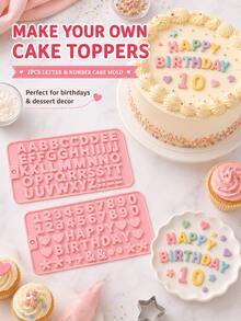 1 peça/2 peças Molde de Silicone para Bolo com Alfabeto e Números, Molde de Cozimento com Letras e Dígitos Rosa, Ferramenta de Decoração de Bolo de Aniversário DIY, Acessórios Criativos para Fazer Sobremesas, Suprimentos de Cozimento com Fácil Liberação para Festa em Casa - Multicolorido - Visão 3