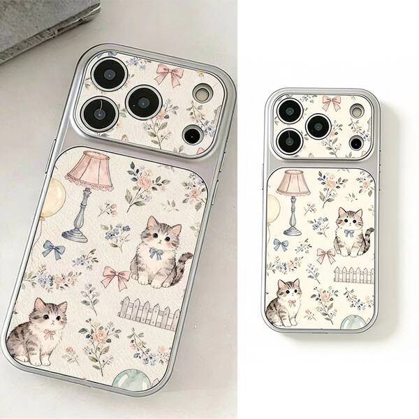 Casing Ponsel Vintage Motif Bunga Cat Air, Pita, Kucing, Bingkai Perak, Jendela Ganda, Tekstur Kulit Lembut, Casing Ponsel Pelindung Penuh, Tahan Guncangan, Tahan Lama, Cocok untuk Galaxy, Honor X, HW, C53 C55. Cocok untuk iPhone, Hadiah Luar Biasa untuk Teman, Keluarga, Pasangan, Sempurna sebagai Hadiah Ulang Tahun untuk Pasangan