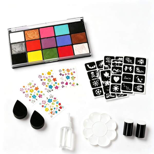 15 Colors Water-Soluble Paint Set Suitable For Rainbow Carnival, Halloween, Christmas, Holiday Party, Carnival, Party, School Annual Meeting, Drama School Learning Supplies, Office Supplies With Stencils And Sponge Tools
