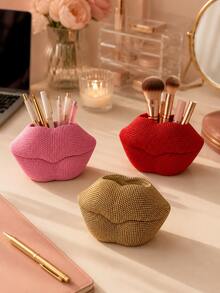 Soporte para brochas de maquillaje con forma de labios brillante, caja de almacenamiento de cosméticos con forma de labios con cristales, organizador de tocador estético, adecuado para brochas de maquillaje, bolígrafos y cosméticos, regalo ideal para entusiastas del maquillaje, dormitorio, baño, organizador de cabello - Ver 4