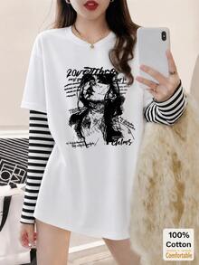Kaos Lengan Panjang 2-in-1 dengan Motif Potret Wanita, Atasan Kasual Musim Gugur dengan Potongan Longgar - Putih - View 3