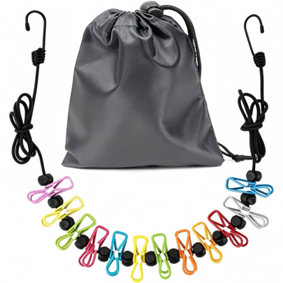 Stendibiancheria da viaggio estensibile con 12 mollette colorate, accessorio da campeggio con ganci e borsa per il trasporto, ideale per attività all'aperto e vacanze.