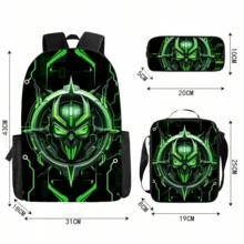3Pcs Green Cyber Mecha Robot Print Backpack Combo, Waterproof Large Capacity Student School Bag + Insulated Lunch Tote Bag + Pencil Pouch, Lightweight - Multicolor - View 2