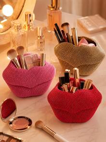 Soporte para brochas de maquillaje con forma de labios brillante, caja de almacenamiento de cosméticos con forma de labios con cristales, organizador de tocador estético, adecuado para brochas de maquillaje, bolígrafos y cosméticos, regalo ideal para entusiastas del maquillaje, dormitorio, baño, organizador de cabello - Ver 1